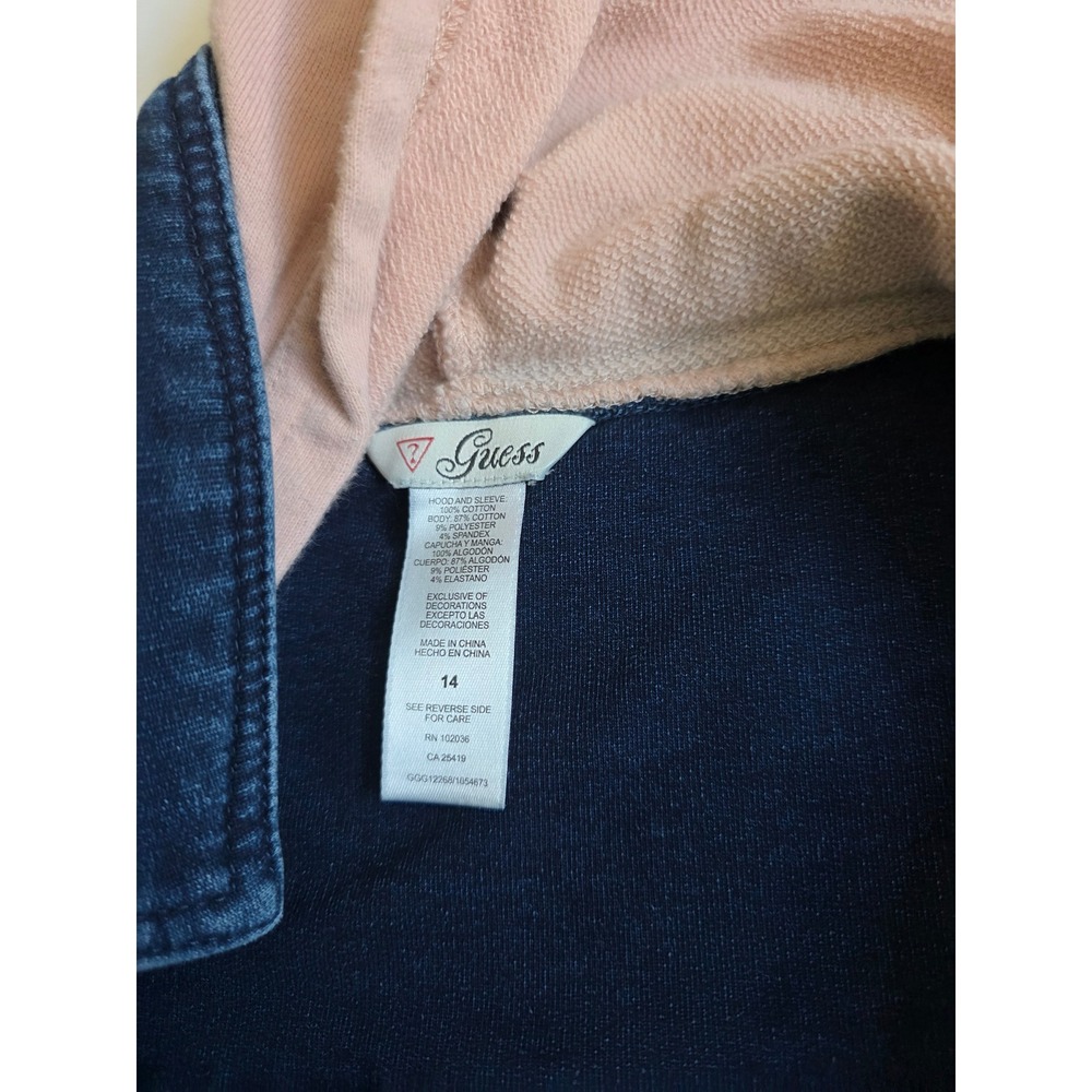 Guess Hooded Denim Jacket 14 Blue Pink Rhinestone Logo Hybrid Mixed Media Coat - Picture 5 of 8